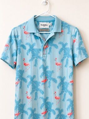 Goodfellow & Co Light Blue Polo with Pink Flamingo & Palm Print